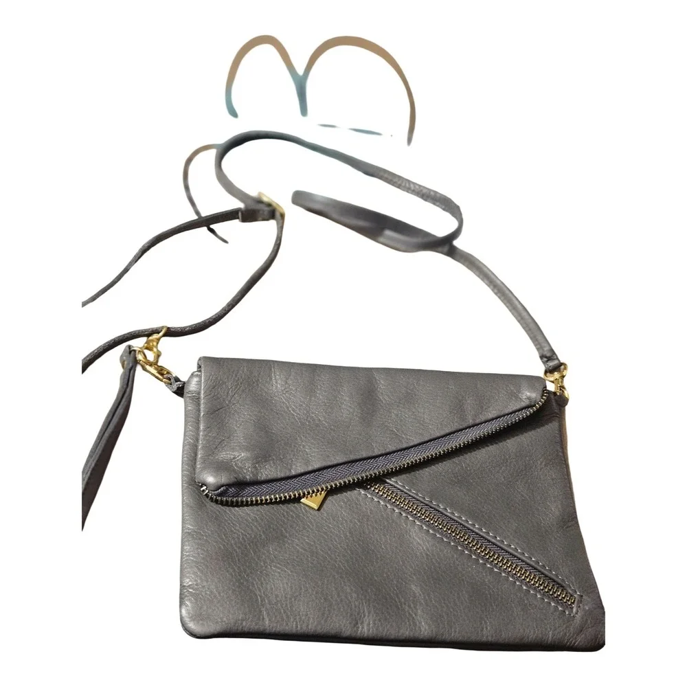Genuine‎ Gray Leather Asymmetrical Foldover Crossbody Bag Gold Hardware